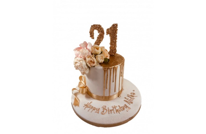 Gold Drizzle Cake & Silk Flowers